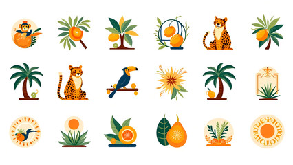 Collection Of Tropical Illustrations Featuring Animals Fruits and Plants In A Vibrant Color Palette For Graphic Design Or Decorative Purposes