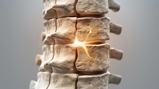 Human spine model with damaged vertebrae, close-up view of injury area for medical education and healthcare concepts, anatomical study of vertebral column and spinal disorders.
