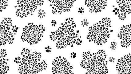 Seamless Pattern Featuring Spots and Paw Prints in Black and White for Textile Prints and Fashion Designs with Repeating Animalistic Elements