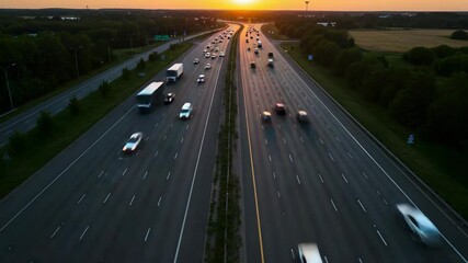 Aerial View of Highway Traffic at Sunset with Blurred Motion and Dark Green Foliage under Vivid Orange Sky