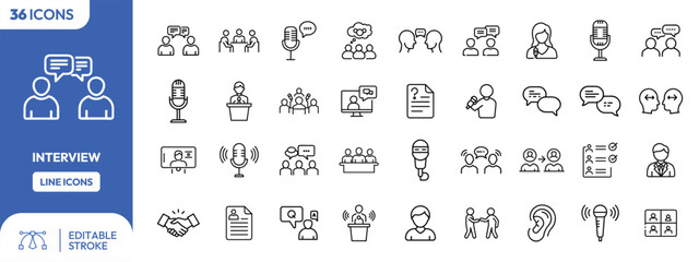 A collection of thirty-four linear icons depicting various aspects of interviews, including communication, recording, and teamwork.