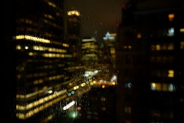 Obraz premium Rainy Night View of City Lights Through a Wet Windowpane
