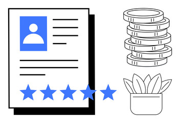 Professional resume with star rating, stacked coins symbolizing financial success, and a potted plant for growth. Ideal for career, recruitment, business, personal branding, evaluation, strategy
