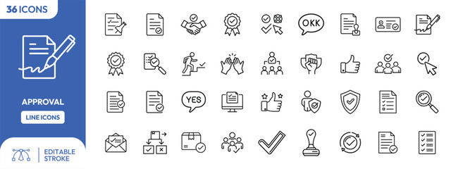 Collection approval process line icons;  documents, checkmarks, and collaboration symbols.