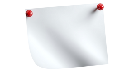 Blank white paper attached with red pushpins isolated on transparent background
