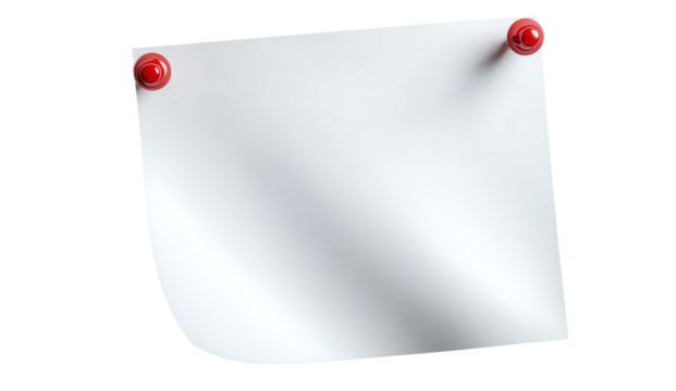 Blank white paper attached with red pushpins isolated on transparent background
