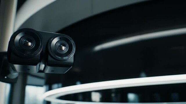 Black Surveillance System Camera Affixed to White Circular Ceiling Overlooking Large Windows and a Modern Office Interior with Natural Lighting