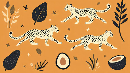 Playful Cheetahs Strolling Amidst Exotic Foliage, Creating A Whimsical And Vibrant Jungle Scene In Earthy Tones