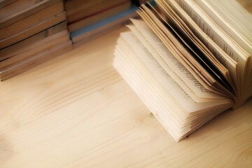 Open book on a wooden surface with blurred stacked books in the background, ideal for educational,...