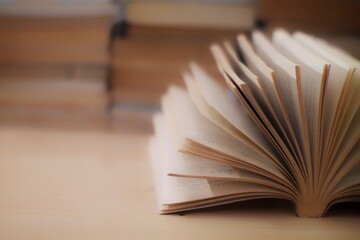 Open book with fanned pages on a wooden surface and blurred background of stacked books, perfect...