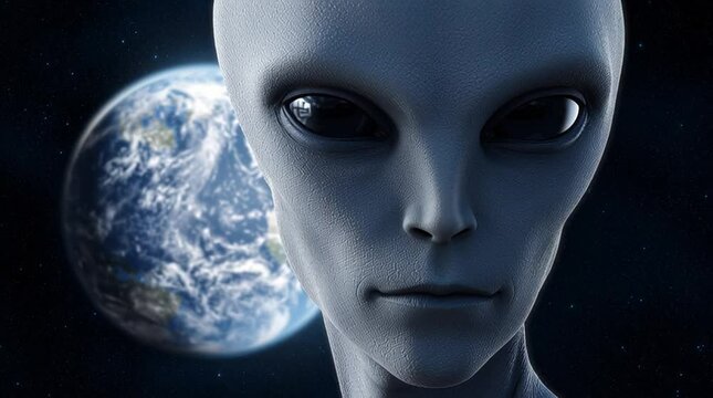 An extraterrestrial alien stands on the moon with the earth in the background