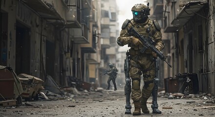 Futuristic Soldier in Urban Warfare: A lone soldier, armed with advanced weaponry, navigates the war-torn ruins of a city.