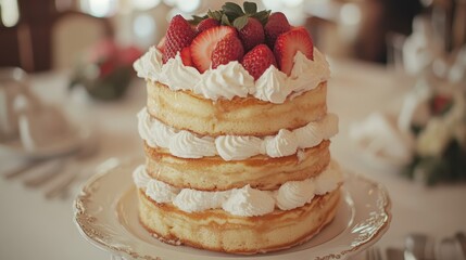 Three-layer cake with whipped cream and fresh sliced strawberries on a decorative plate. Use this image for your bakery, wedding, or food related design projects.