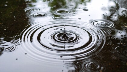 Raindrops create ripples on a serene water surface in a tranquil outdoor setting