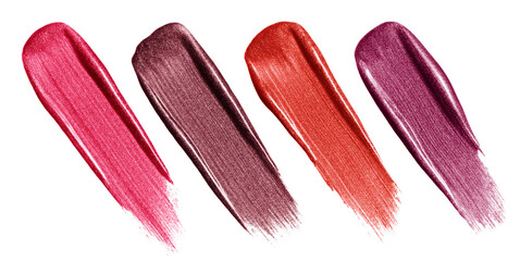 Lip gloss smear swatch. Shimmer liquid lipstick texture. Glossy makeup product brush stroke set isolated on transparent background