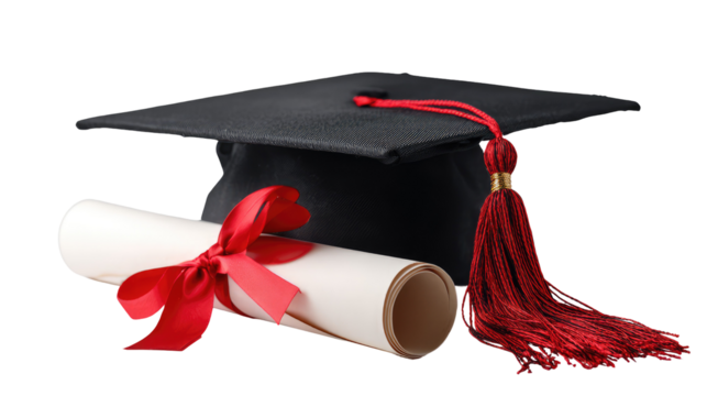 Black Graduation Cap with a Red Tassel on Transparent Background

