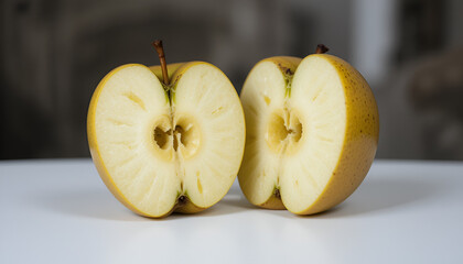 Two halves of a golden apple showcase the juicy flesh and core details on a clean white surface for a fresh, organic presentation.