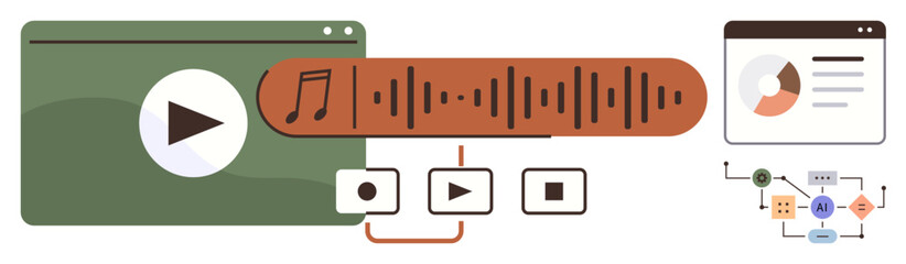 Media player interface with play controls, audio wave, pie chart, and linked workflow diagram. Ideal for technology, media production, analytics, creativity, education communication visual