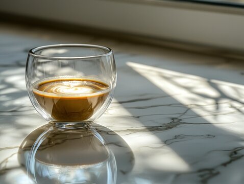 A glass double-walled cup of latte art coffee on a marble surface, bathed in sunlight