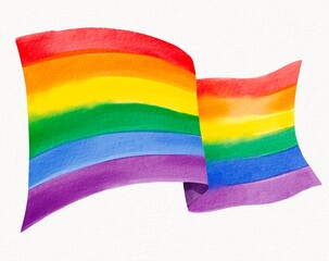 Waving rainbow flag painted in watercolor with dynamic brushstrokes, symbolizing pride, celebration, and freedom
