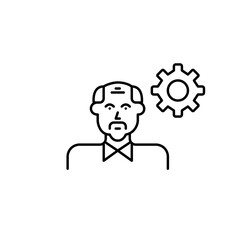 Elderly man and cogwheel. User settings, profile customization, female user preferences, account management, system configuration. Pixel perfect, editable stroke vector icon