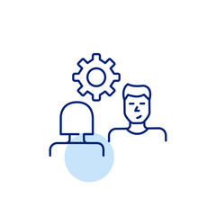 Woman and man on interview or conversation and cogwheel. Collaborative settings, communication management, interview configuration, dialogue optimization, user interaction control. Pixel perfect, edit