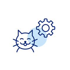 Happy cat and cogwheel. Pet care settings, animal health monitoring, smart pet device configuration, automated feeding control, pet activity tracking. Pixel perfect, editable stroke vector icon