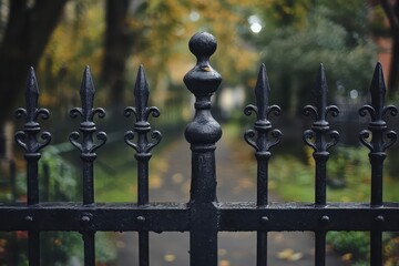 Ornate black iron fence with fleur-de-lis points and blurred background. Ideal for representing boundaries, security, or gothic themes.