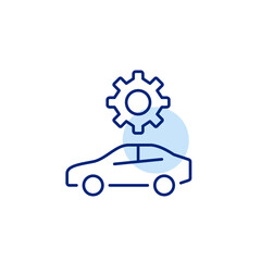 Car and cogwheel gear. Vehicle settings, car system configuration, automotive diagnostics, driving mode adjustment, maintenance control. Pixel perfect, editable stroke vector icon