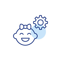 Smiling baby girl and cogwheel. Parental controls, child safety settings, baby monitoring configuration, age-restricted access, kid-friendly system setup. Pixel perfect, editable stroke vector icon