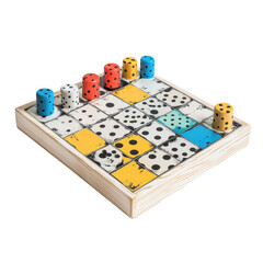 Colorful Dice Game Wooden Board Dots Pattern Fun Activity, isolated on a transparent background