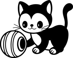 Cat playing with toy, wallpaper-style vector SVG with clean lines. Playful cartoon cat with a ball in black and white design