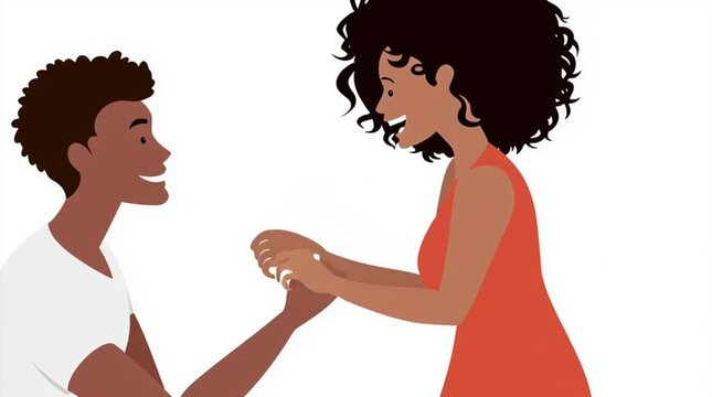 Cartoon animation of a man proposing marriage to a woman so they can get engaged and wed