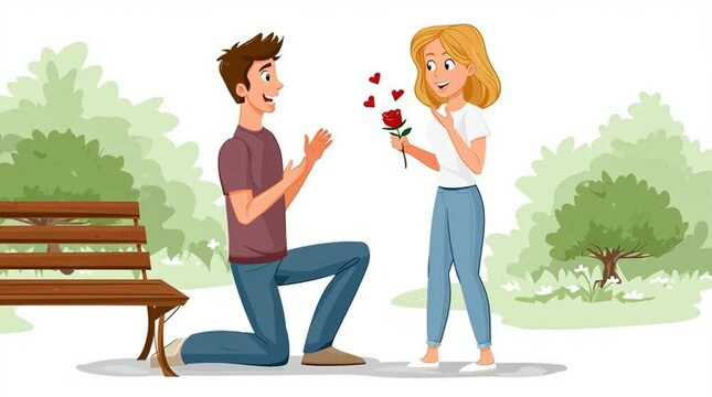 Cartoon animation of a man proposing marriage to a woman so they can get engaged and wed