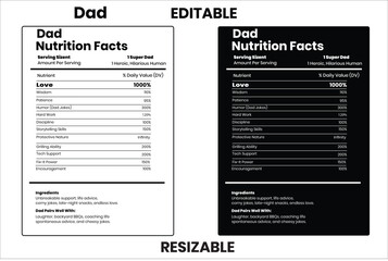 Dad nutrition facts, father, vector, label, vitamin, cholesterol, healthy lifestyle, illustration, sodium, nutrition facts, nutrition, nutrition label, calories in food, nutrition info, supplement fac