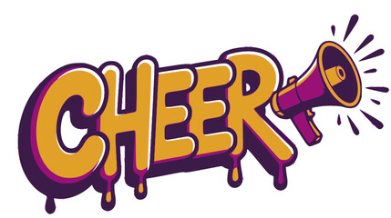 Cheer text with megaphone in purple yellow, Playful "CHEER" word art in bold yellow with purple megaphone and splash elements, perfect for motivation and announcements.

