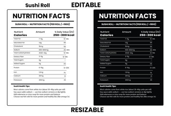 Sushi Roll nutrition facts, nutrition facts, food label, calorie chart, protein infographic, healthy eating, vitamin chart, editable template, diet plan, meal prep nutrition, food packaging label