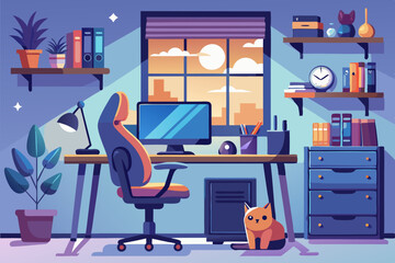 Stylized Home Office with Gaming Chair Computer and Cat A Cozy and Productive Workspace Illustration with Evening Light and Organized Shelves Creating a Serene and