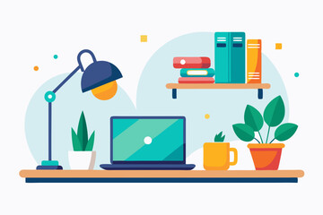 A brightly colored vector illustration of a workspace featuring a laptop desk lamp potted plants books on a shelf and a mug all set against