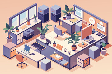 Obraz premium Isometric Office Space Illustration A Modern Workplace with Desks Plants and Natural Light Showcasing a Clean and Organized Environment for Productivity and Well being in