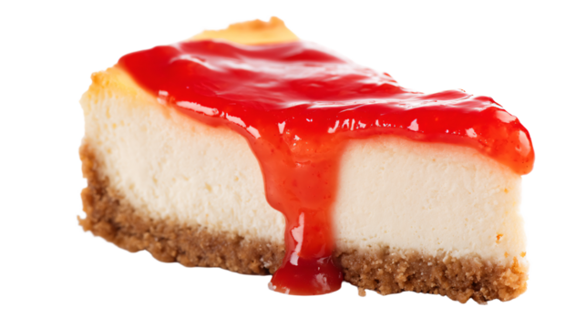 a piece of cheesecake with a red sauce on top