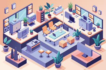 Isometric Office Space with Plants and Modern Furniture A Stylized Illustration of a Collaborative Workspace Environment Showcasing Desks Chairs and Greenery in a Contemporary Office