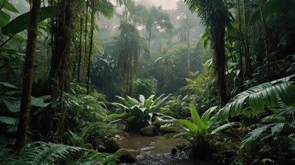 Fototapeta premium A lush tropical rainforest scene with a stream running through dense vegetation and misty atmosphere