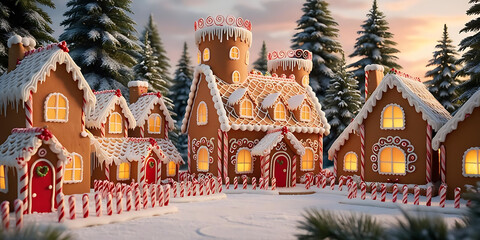Cozy Festive Gingerbread Houses on Snowy Ground with Warm Light

