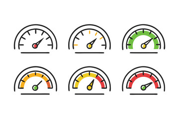 Collection of Six Cartoon Style Gauges or Speedometers Showing Different Levels Ranging from Low to High Indicated by Color Coding and Needle Position on a