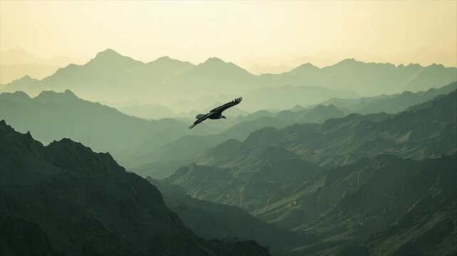Majestic bird soaring over a vast, misty mountain range at sunset