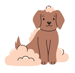 Cute dog with bubbles. Pet grooming. Flat vector illustration.