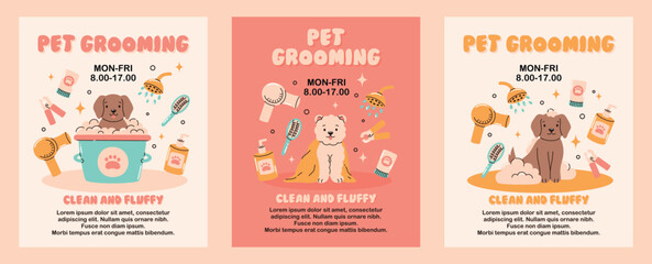 Set of pet grooming banners. Cute puppy in the bath, scissors, hair dryer, soap. Flat vector illustration.