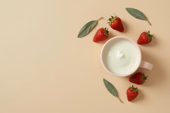 A delicate pink bowl filled with creamy white yogurt is surrounded by fresh ripe strawberries and green leaves on a soft peach background