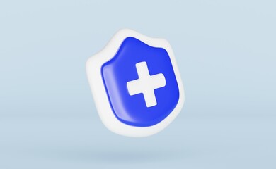 3D illustration. 3D medical blue shield protection with plus on pastel background.